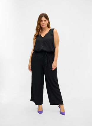 Viscose jumpsuit with buttons and tie-belt, Black, Model image number 2