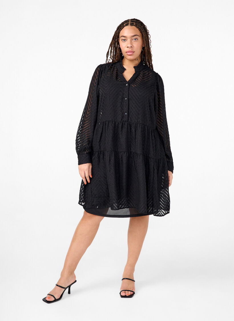 Textured short dress with a ruffle collar, Black, Model image number 2