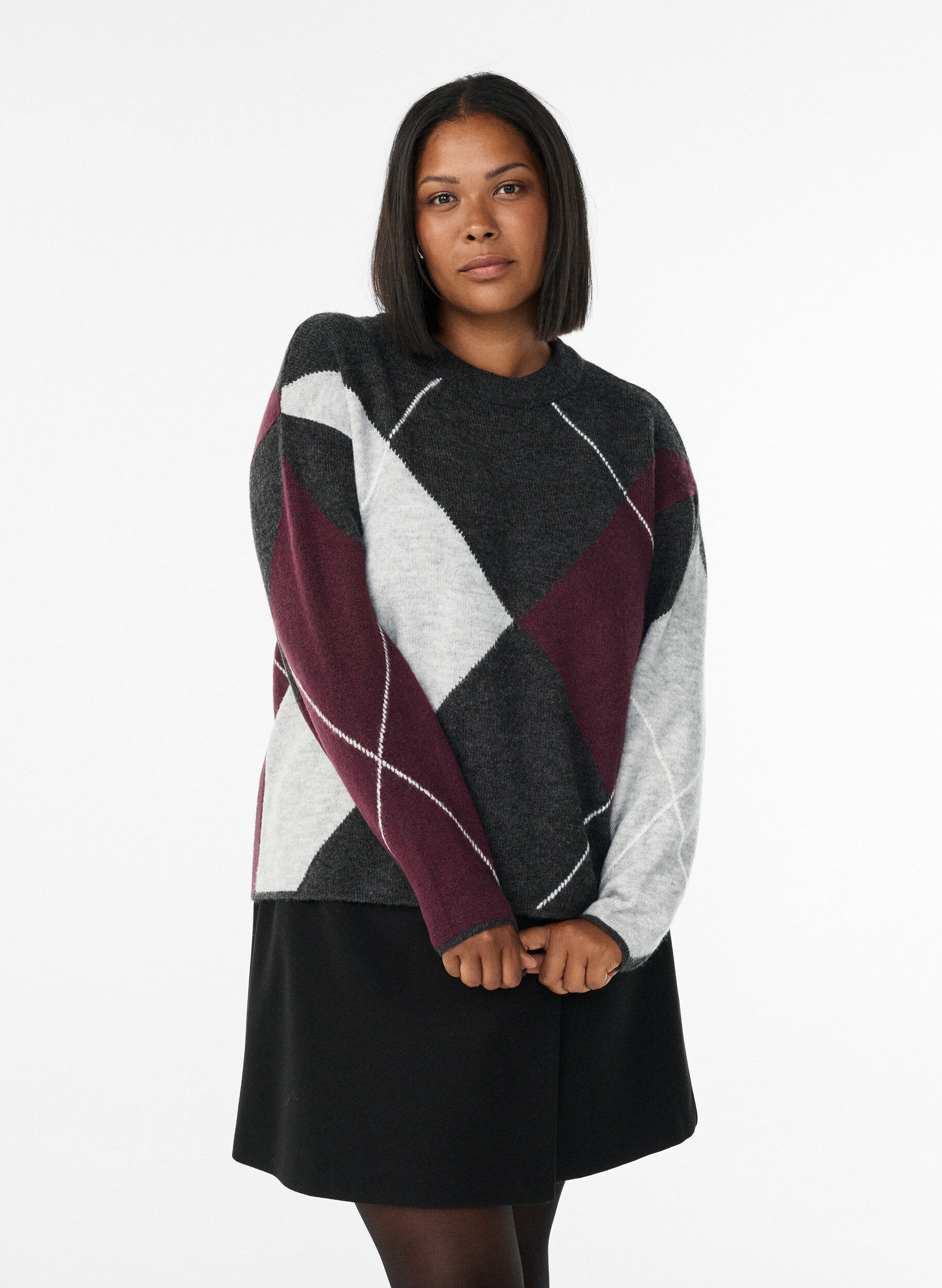 Zizzifashion Jumper with large checks and contrast sleeves, Dark Grey, Model image number 0