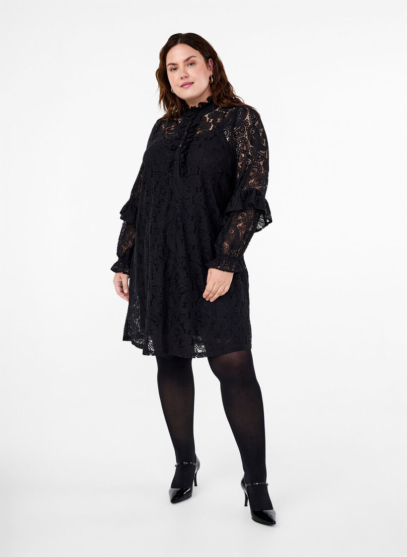 Short lace dress with ruffle detail, Black, Model image number 2
