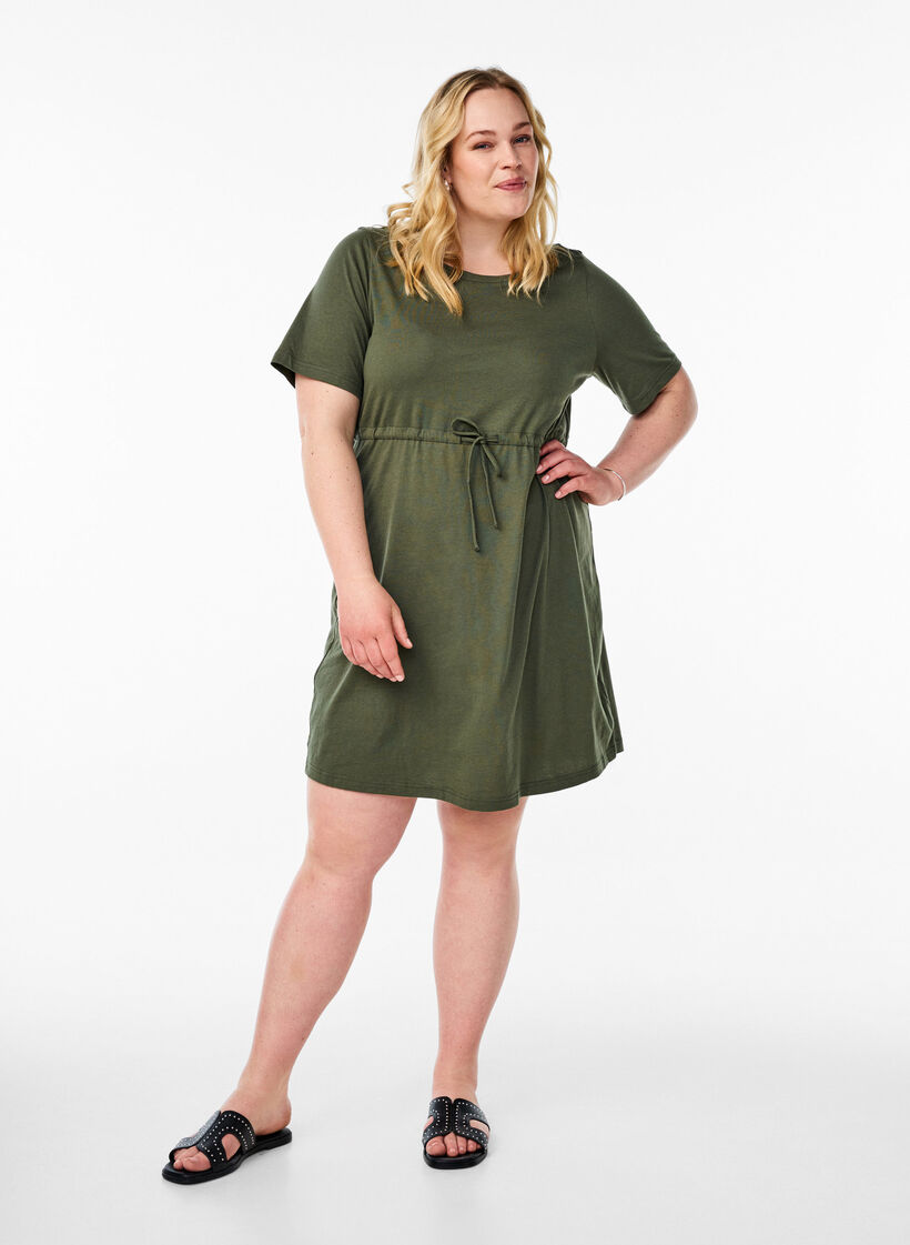 FLASH - Short T-shirt dress with tie belt, Green, Model image number 1