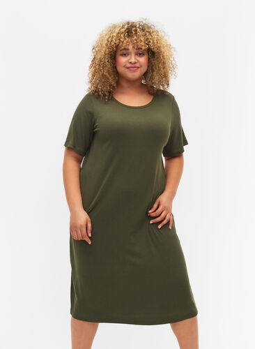 Short-sleeved midi dress in viscose rib quality, Thyme, Model image number 0