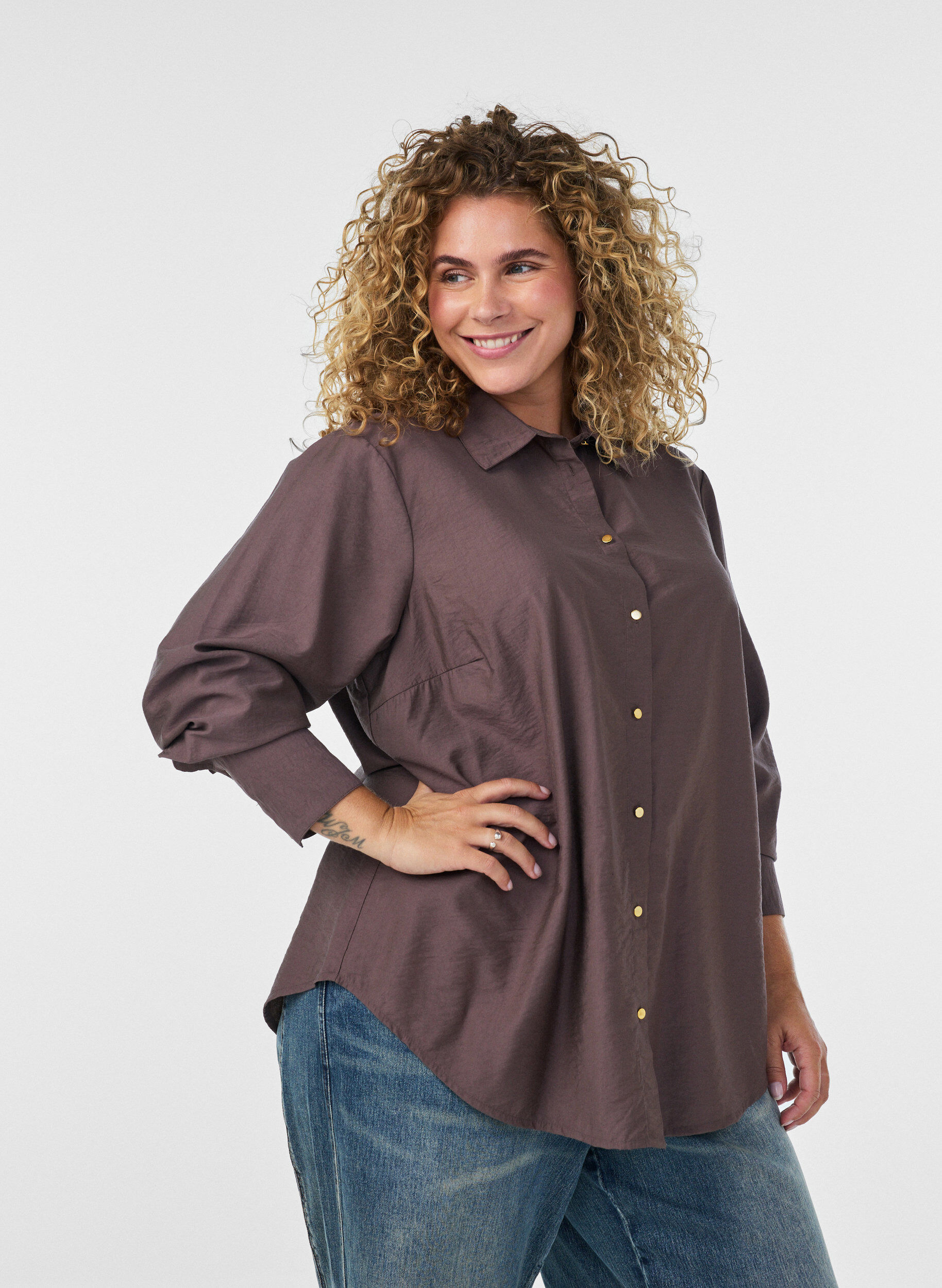 ZizzifashionViscose shirt with golden buttons, Brown, Model image number 0