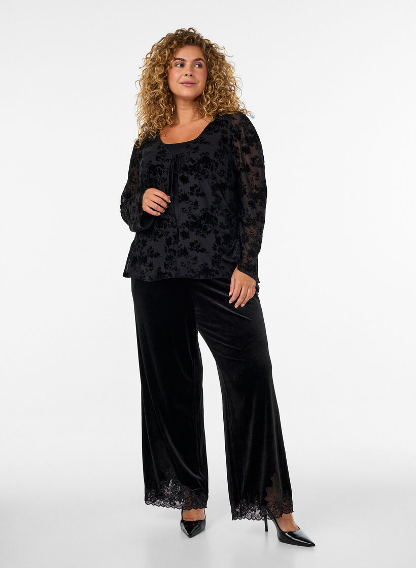 Velvet trousers with lace trim and wide legs, Black, Model image number 1