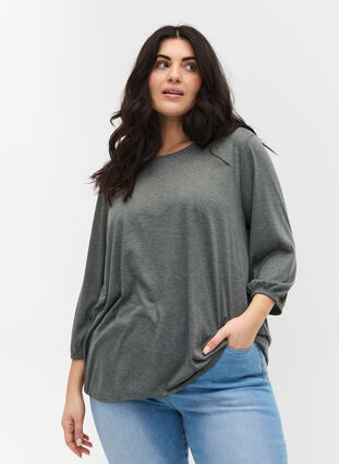 Plain blouse with 3/4 sleeves, Thyme Mel, Model image number 0