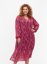 Long-sleeved midi dress with print, Fuchsia Pink AOP, Model