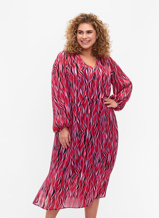 Long-sleeved midi dress with print, Fuchsia Pink AOP, Model image number 0