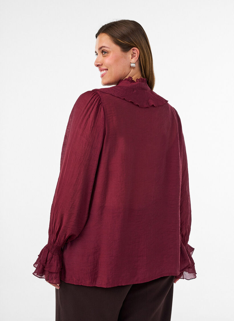 Viscose blouse with ruffles and long sleeves, Red, Model image number 2