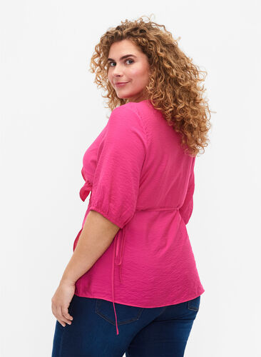 Wrap blouse in viscose with 1/2 sleeves, Beetroot Purple, Model image number 1