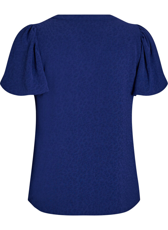 Blouse with short ruffle sleeves and V-neck, Blue, Packshot image number 1