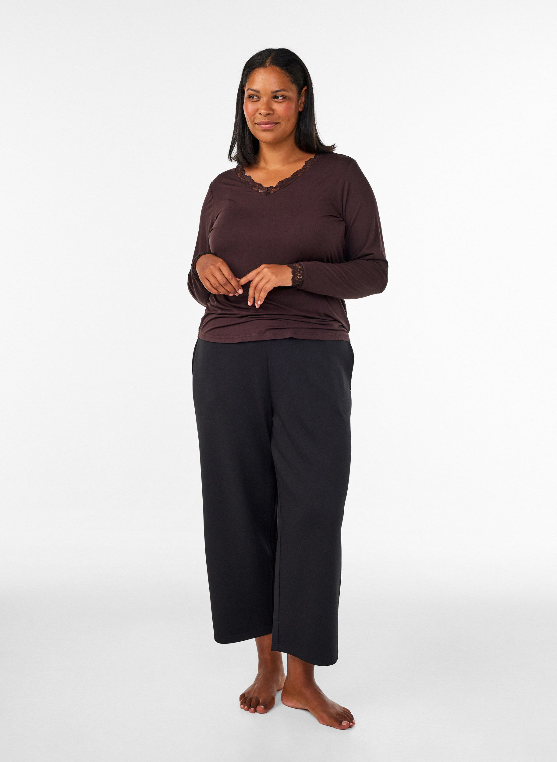ZizzifashionViscose blouse with lace trim and V-neck, Brown, Model image number 1