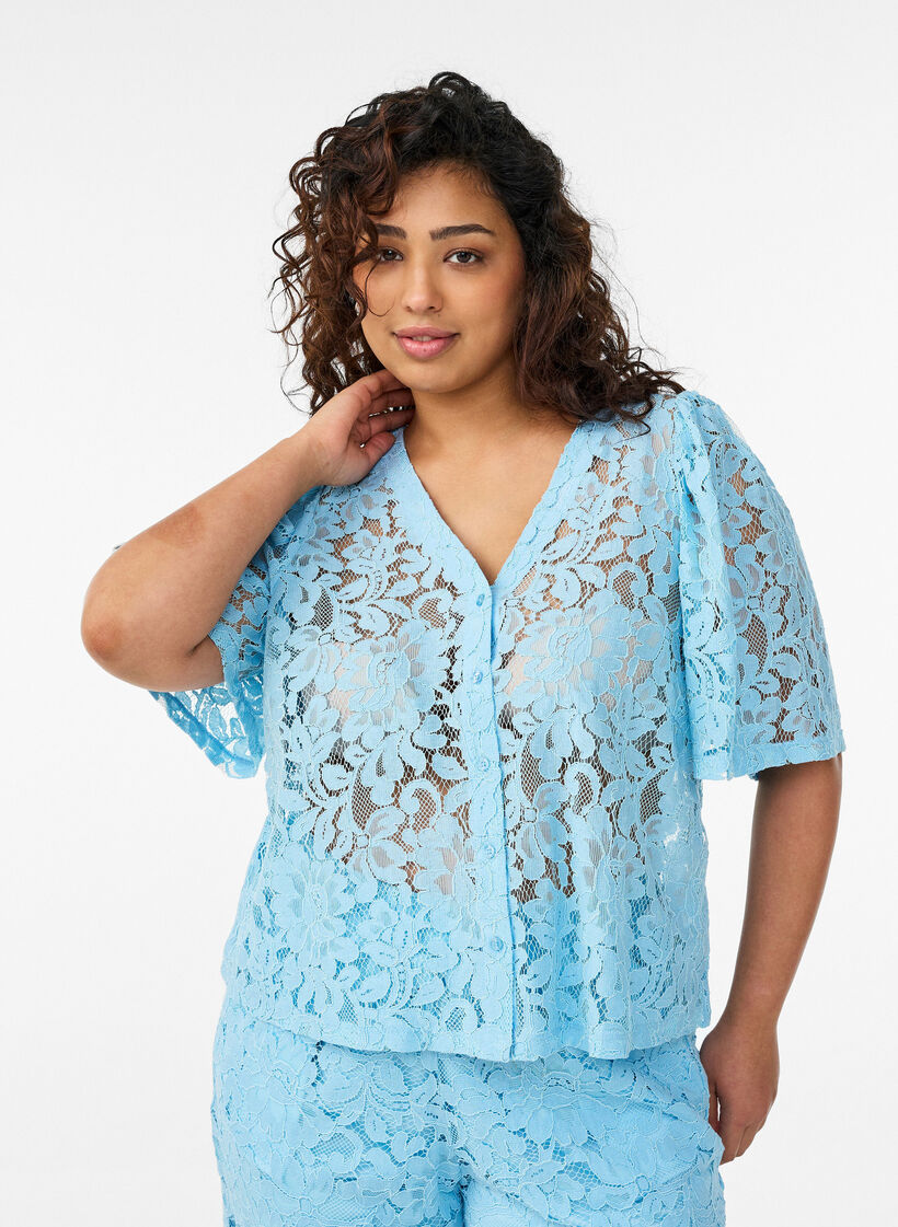 Short-sleeved lace blouse with V-neck, Blue, Model image number 0