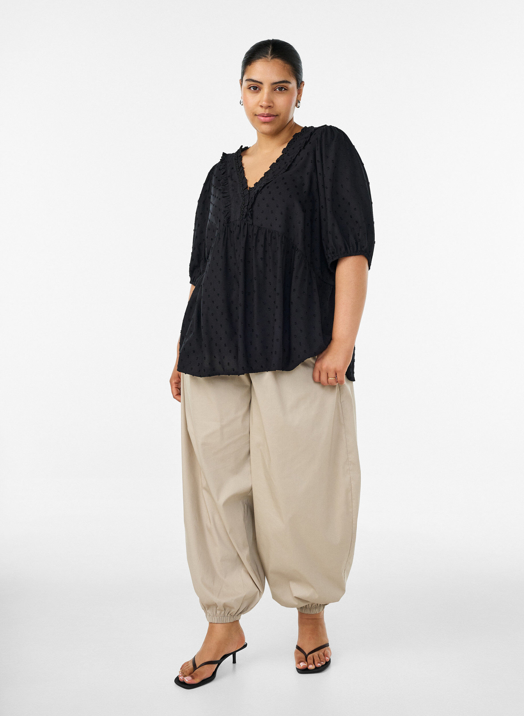 ZizzifashionViscose blouse with a dotted texture and V-neck, Black, Model image number 1