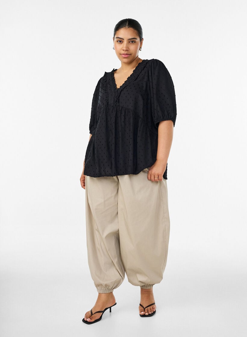 Viscose blouse with a dotted texture and V-neck, Black, Model image number 1