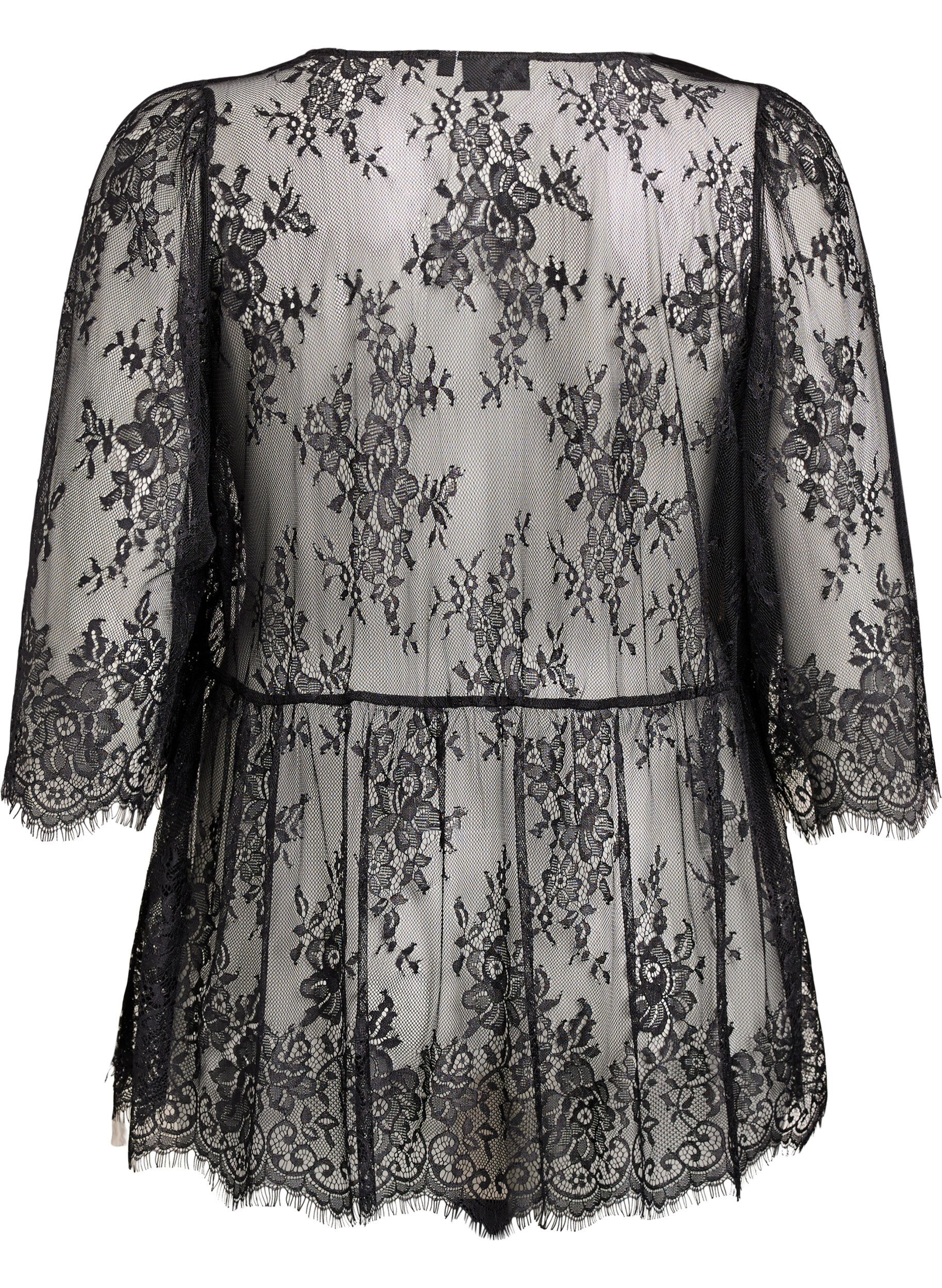 Zizzifashion Lace top with tie detail and 3/4 sleeves, Black, Packshot image number 1