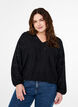 Long-sleeved blouse with V-neck and hole pattern, Black, Model image number 0