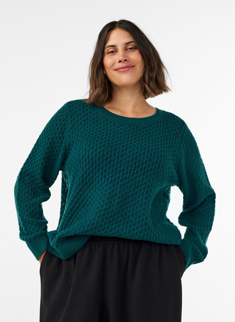 Knitted blouse with a textured openwork pattern, Green, Model image number 0