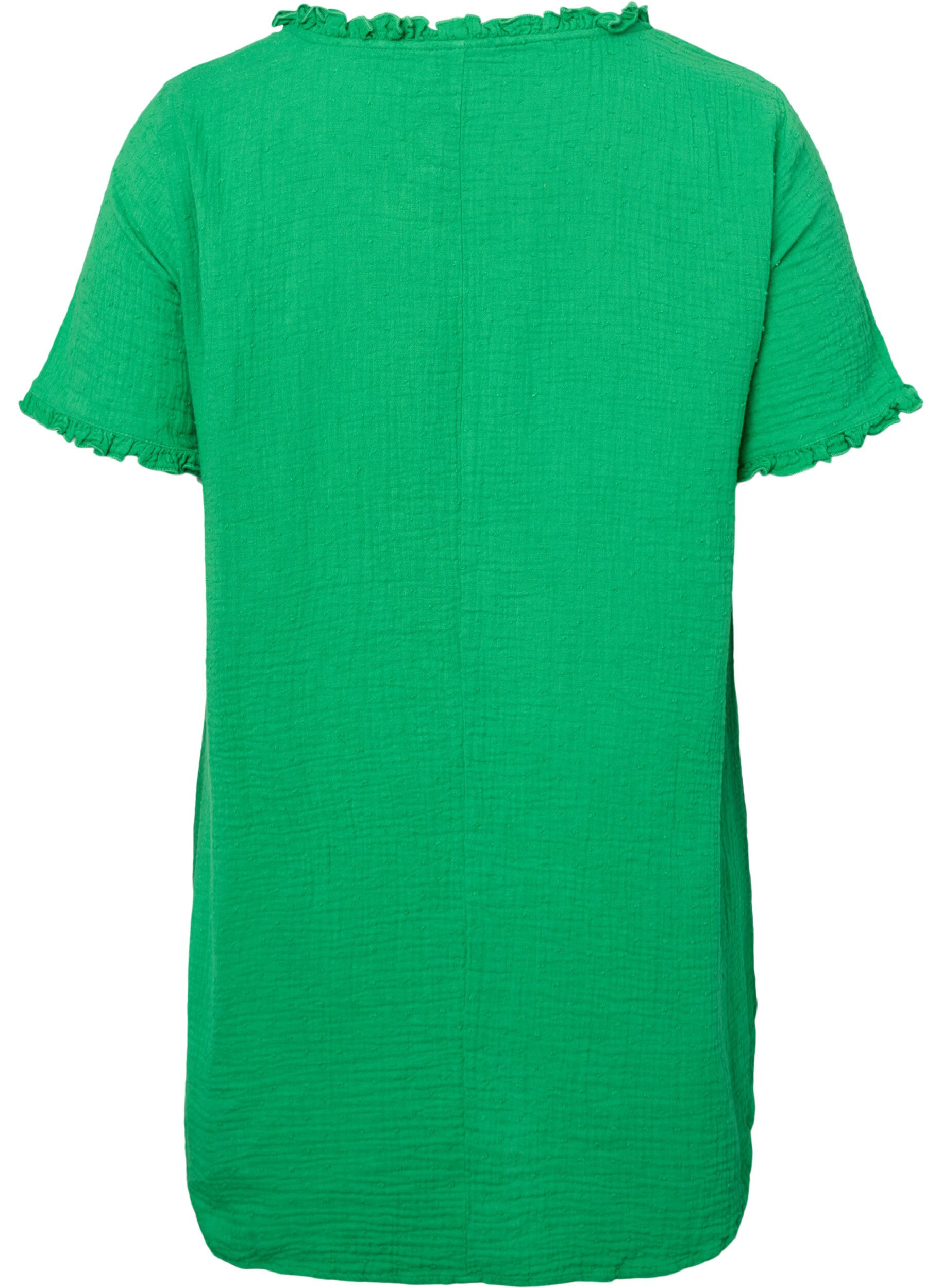 Zizzifashion Short-sleeved cotton tunic with ruffles, Bright Green, Packshot image number 1