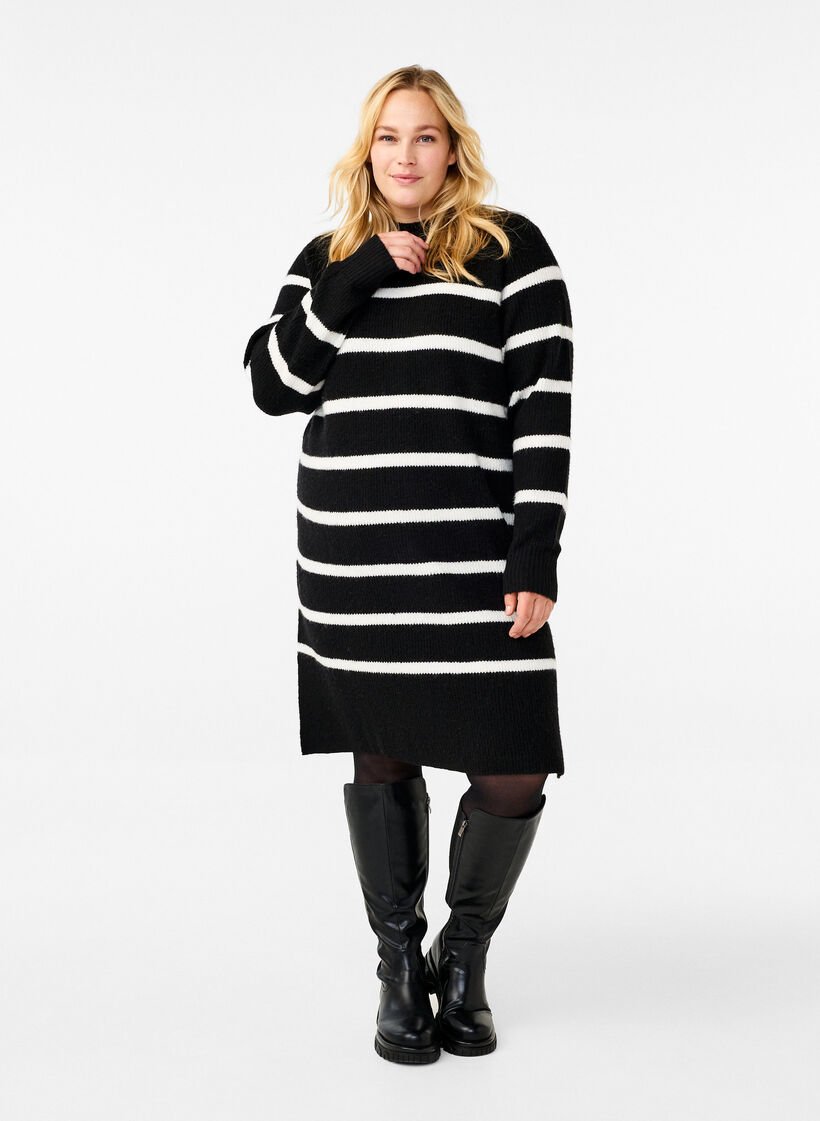Long-sleeved knitted dress with stripes, Black Cloud D. Comb, Model image number 2