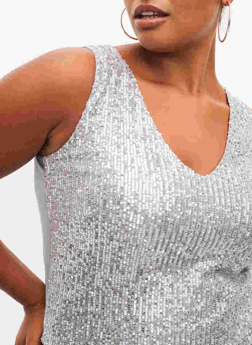 Sleeveless sequin top with v-neck, Silver, Model image number 2