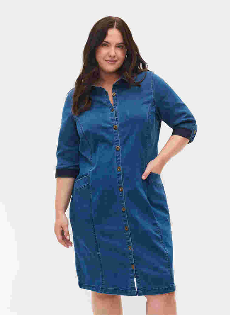 Denim shirt dress with 3/4 sleeves, Blue denim, Model
