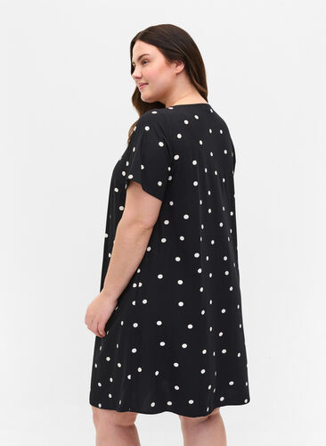 Short-sleeved polka dot viscose dress, Black Dot, Model image number 1