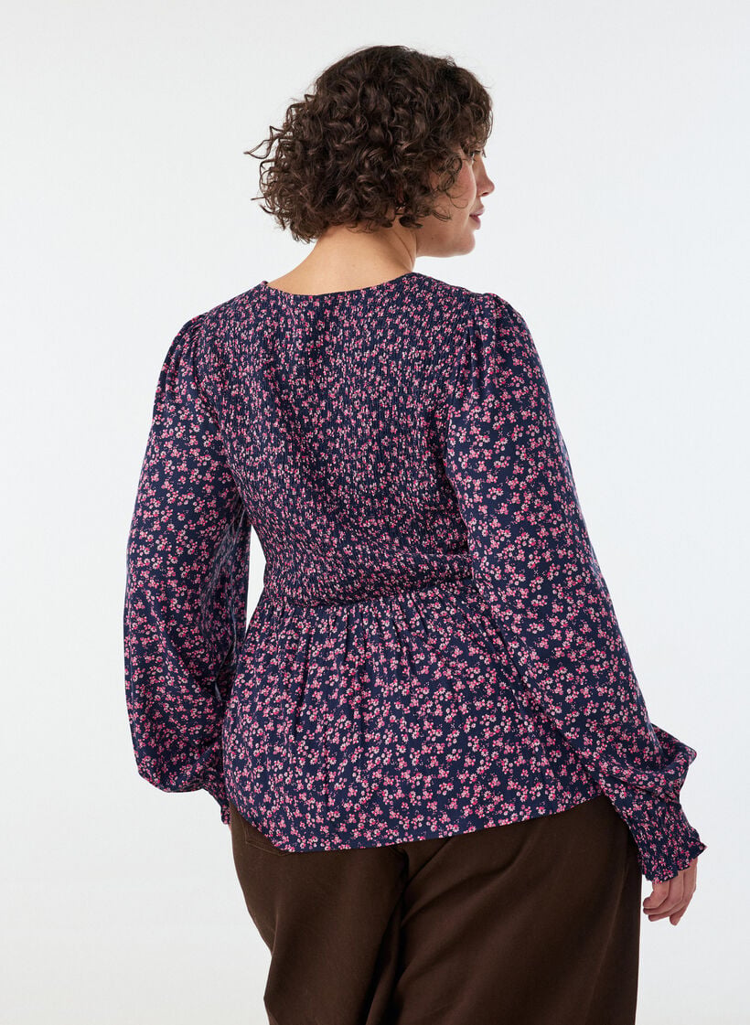 Blouse with smocked top and floral print, Blue, Model image number 1