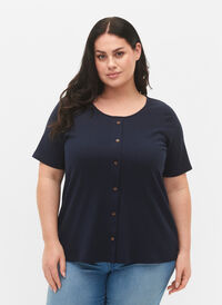 Short-sleeved ribbed t-shirt with buttons, Navy Blazer, Model