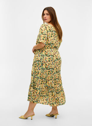Short-sleeved midi dress in viscose, Yellow Summer AOP, Model image number 0