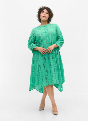 Cotton dress with broderie anglaise, Holly Green, Model image number 2