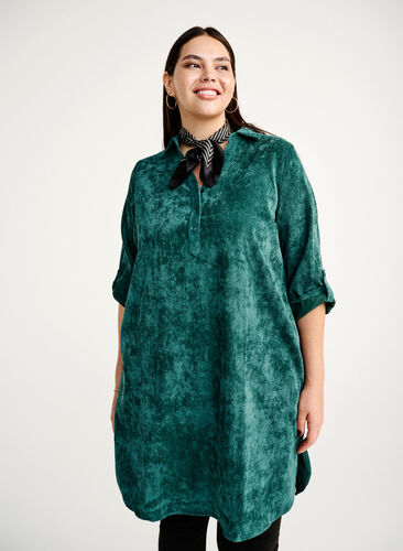 Velvet dress with 3/4-length sleeves and buttons, Deep Teal, Image image number 0