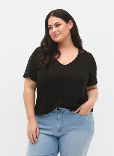 Short-sleeved blouse with lace and v-neck, Black, Model image number 0