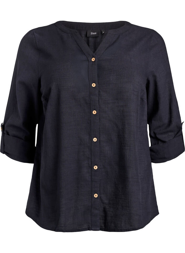 Cotton shirt blouse with V-neck, Black, Packshot image number 0