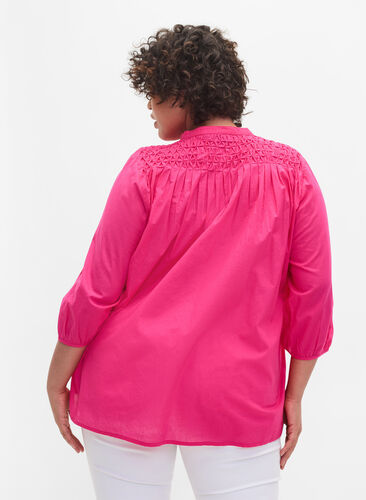 Cotton blouse with 3/4 sleeves and smock, Fuchsia Purple, Model image number 1