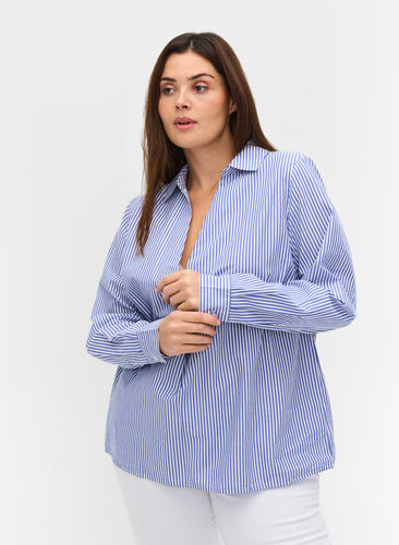 Striped shirt in organic cotton, Dazzling Blue Stripe, Model image number 0