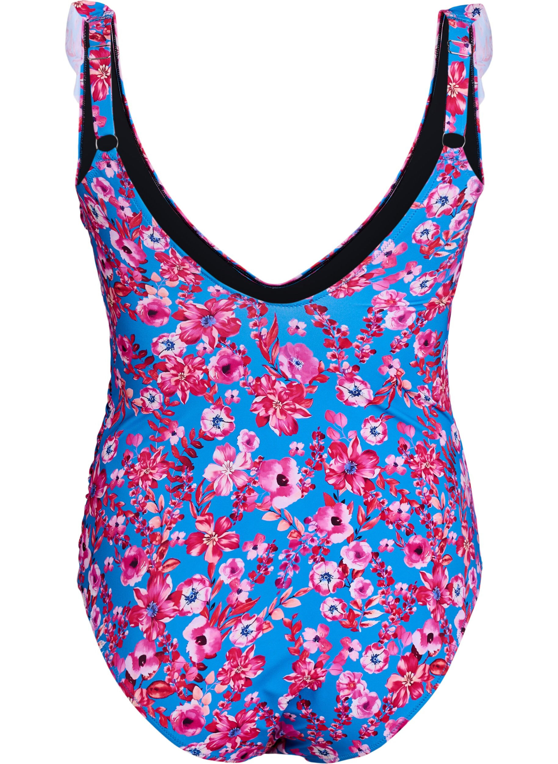 Zizzifashion Floral swimsuit with ruffles and removable pads, Blue, Packshot image number 1