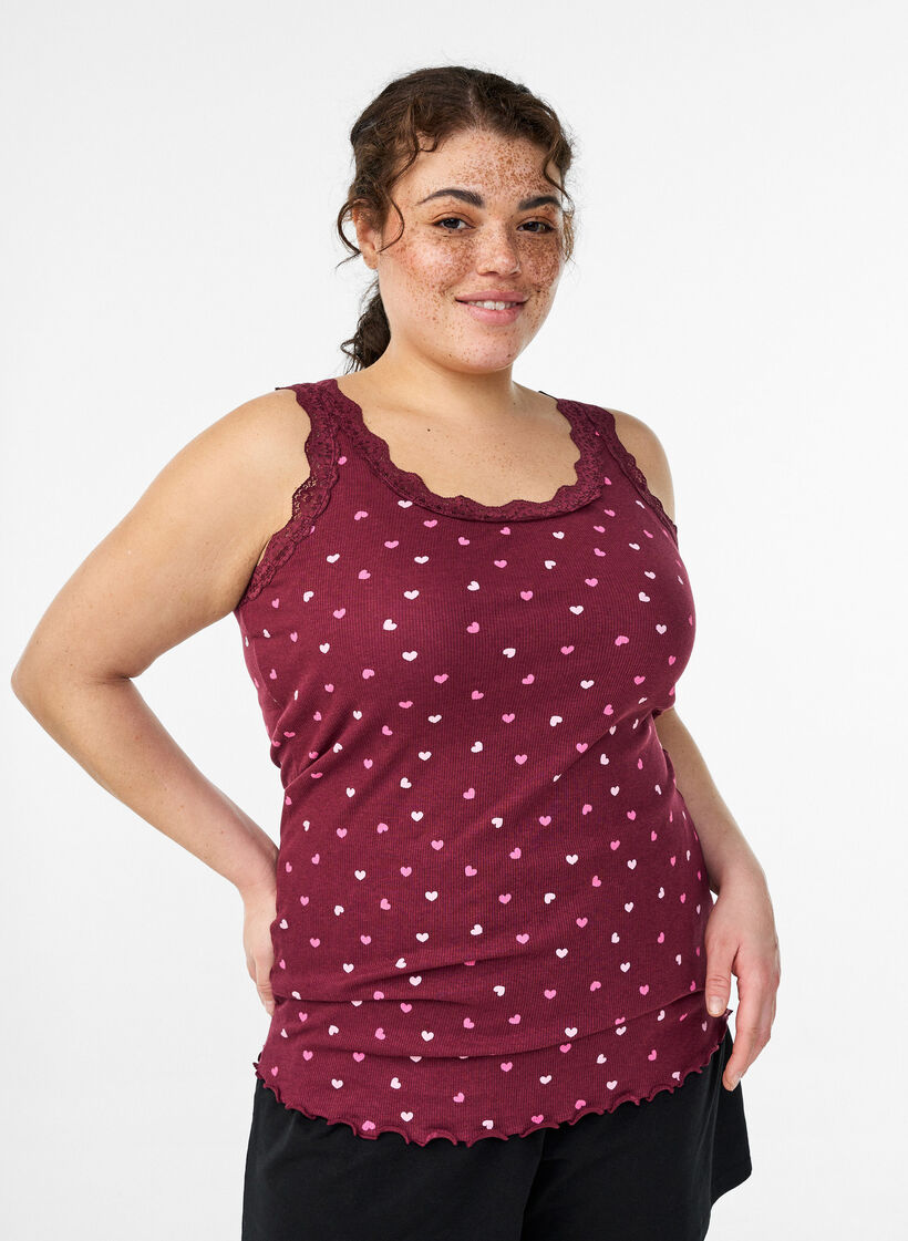 Top with print and lace edge, Red, Model image number 0