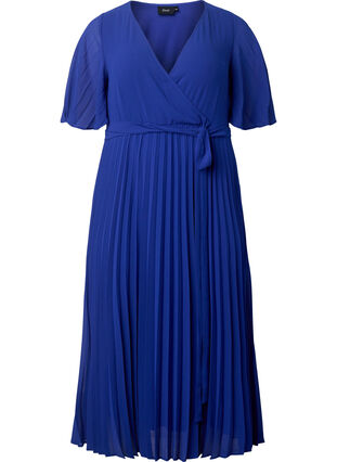 Pleated midi dress with short sleeves, Clematis Blue, Packshot image number 0