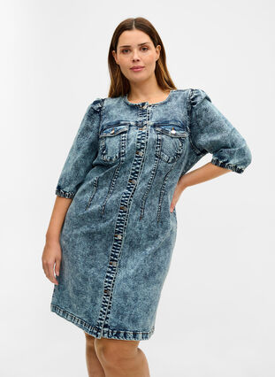 Puff sleeve denim dress, Medium Blue Denim, Model image number 0