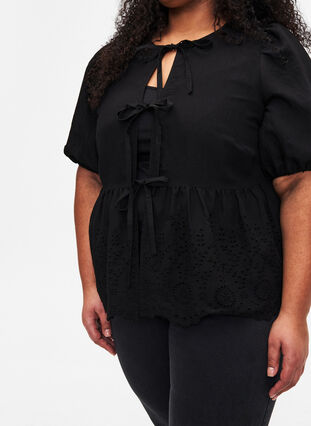Viscose blouse with embroidery anglaise, Black, Model image number 2