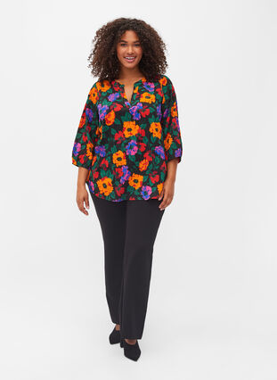 Floral blouse with 3/4 sleeves, Multi Flower AOP, Model image number 2