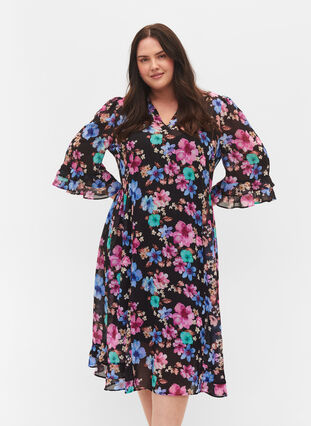 Floral midi dress with a v-neck, Bright Fall Print, Model image number 0