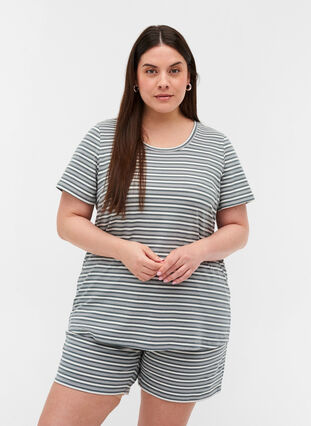 Striped T-shirt in cotton, Balsam Green w.Egret, Model image number 0
