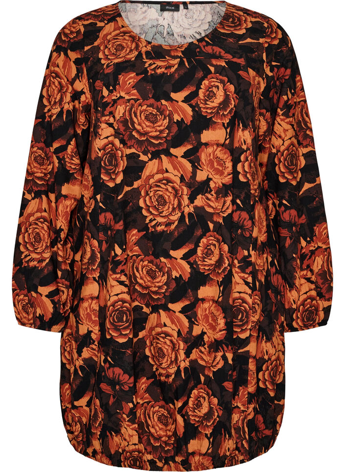 Short cotton dress with an elasticated hem and long sleeves, Black, Packshot image number 0