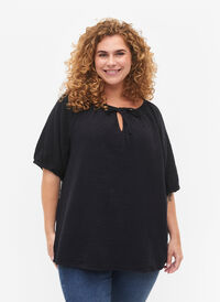 Cotton blouse with 1/2 sleeves, Black, Model