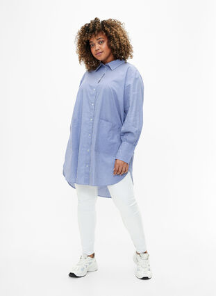 Loose-fitting striped cotton shirt, Baja Blue Stripe, Model image number 2
