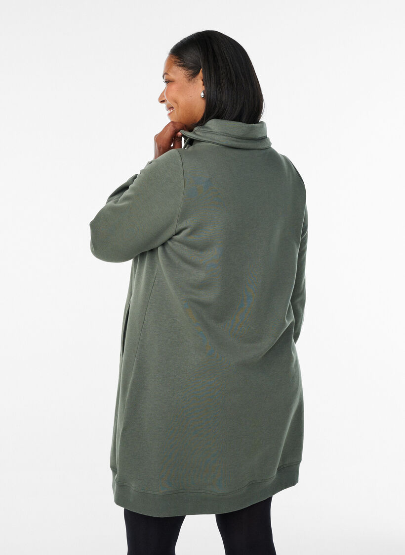 Short sweatshirt dress with high collar and pockets, Green, Model image number 2