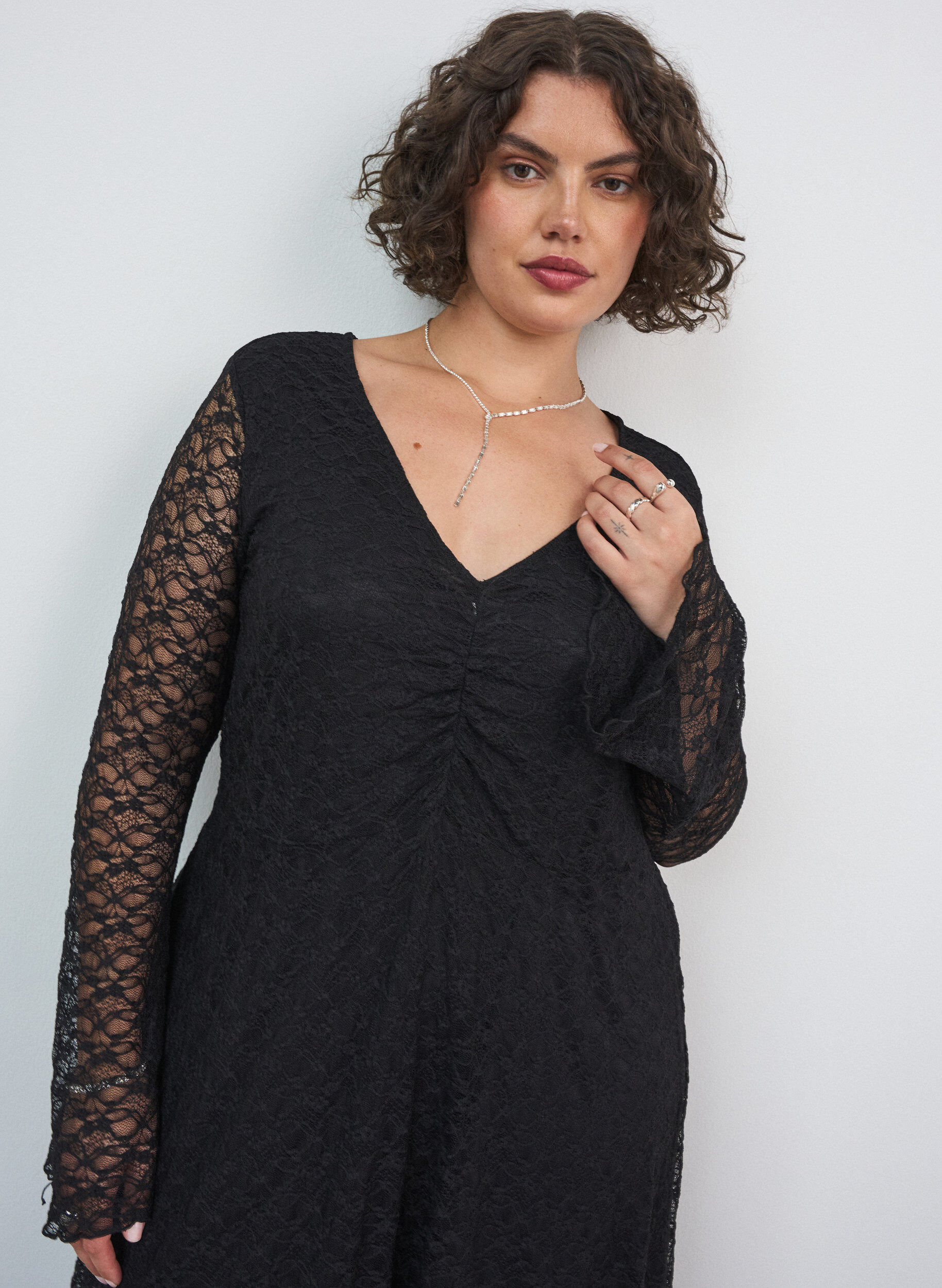 ZizzifashionLace dress with trumpet sleeves and an A-line shape, Black, Model image number 2