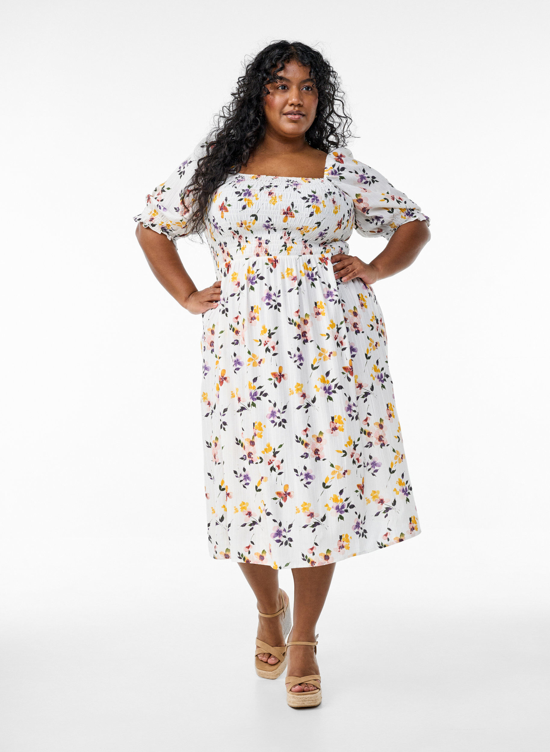 ZizzifashionFloral viscose midi dress with smock, White, Model image number 0