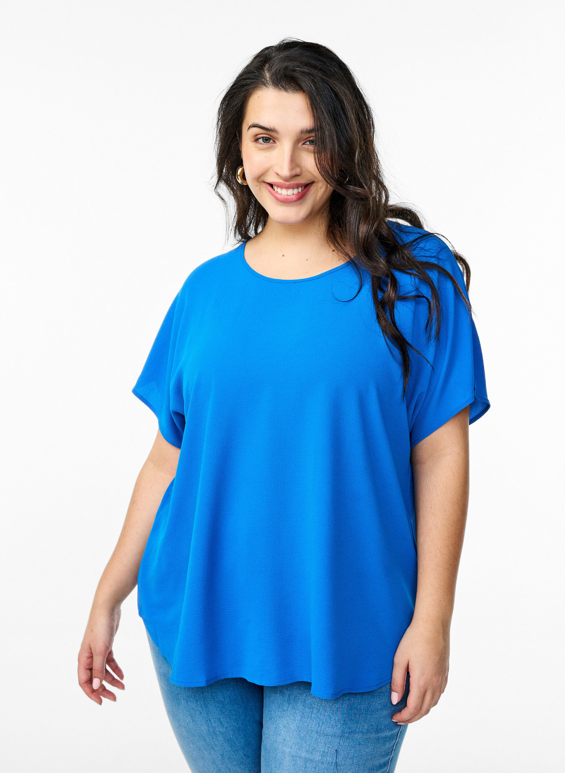 ZizzifashionBlouse with short sleeves and a round neckline, Blue, Model image number 0
